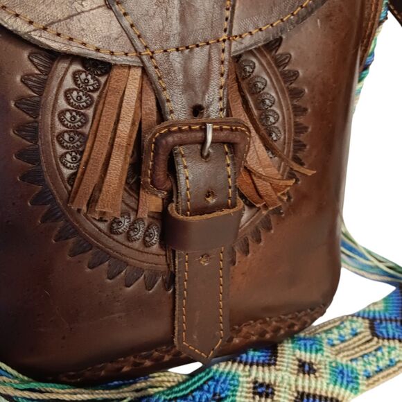 Leather Tooled Crossbody Purse Dark Brown With Turquoise & Green Crochet Strap - Picture 6 of 16